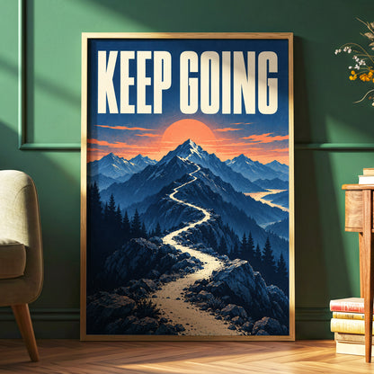 The Onward Ridge, blue, beige, orange nature wall art displayed in a styled interior, gallery view 6