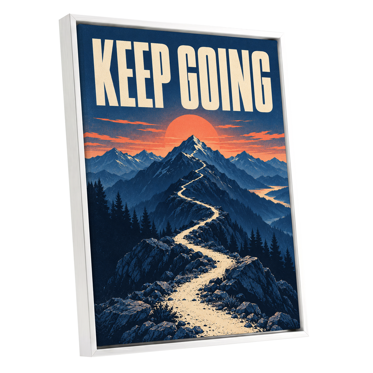 The Onward Ridge, blue, beige, orange nature wall art shown as a white framed canvas wall art