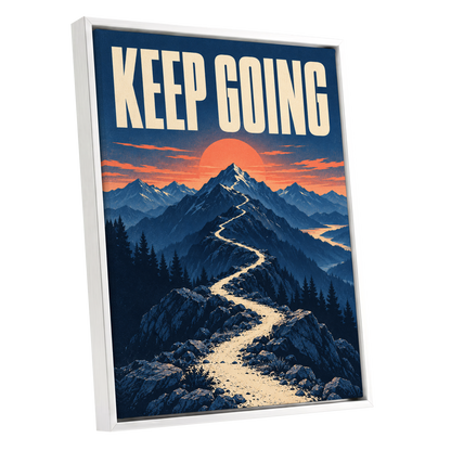 The Onward Ridge, blue, beige, orange nature wall art shown as a white framed canvas wall art