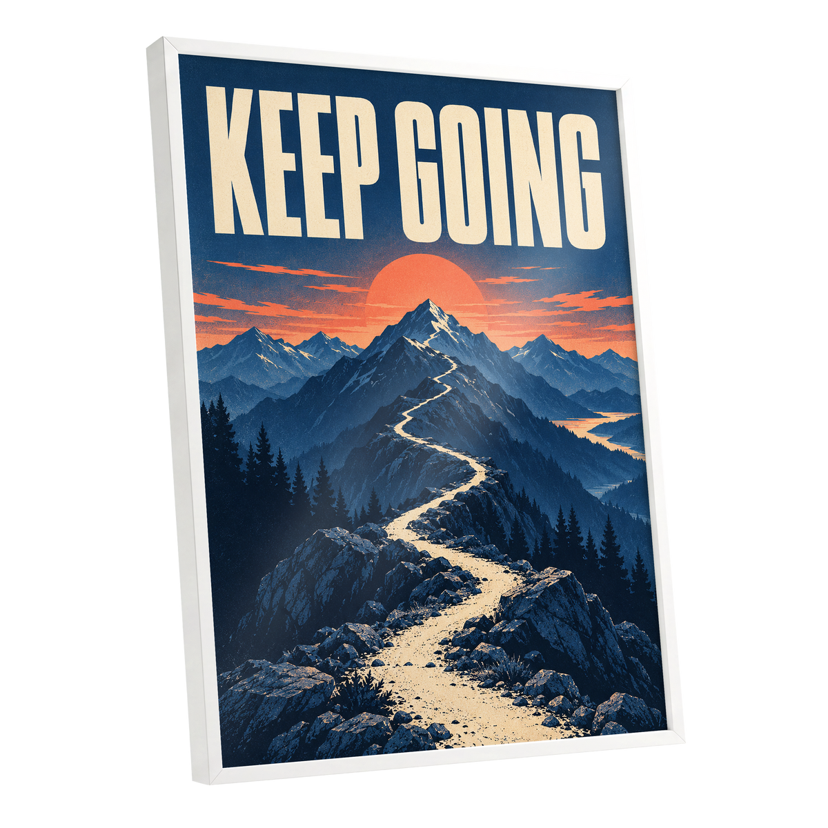 The Onward Ridge, blue, beige, orange nature wall art shown as a white framed poster wall art print