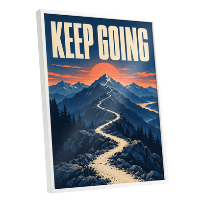 The Onward Ridge, blue, beige, orange nature wall art shown as a white framed poster wall art print