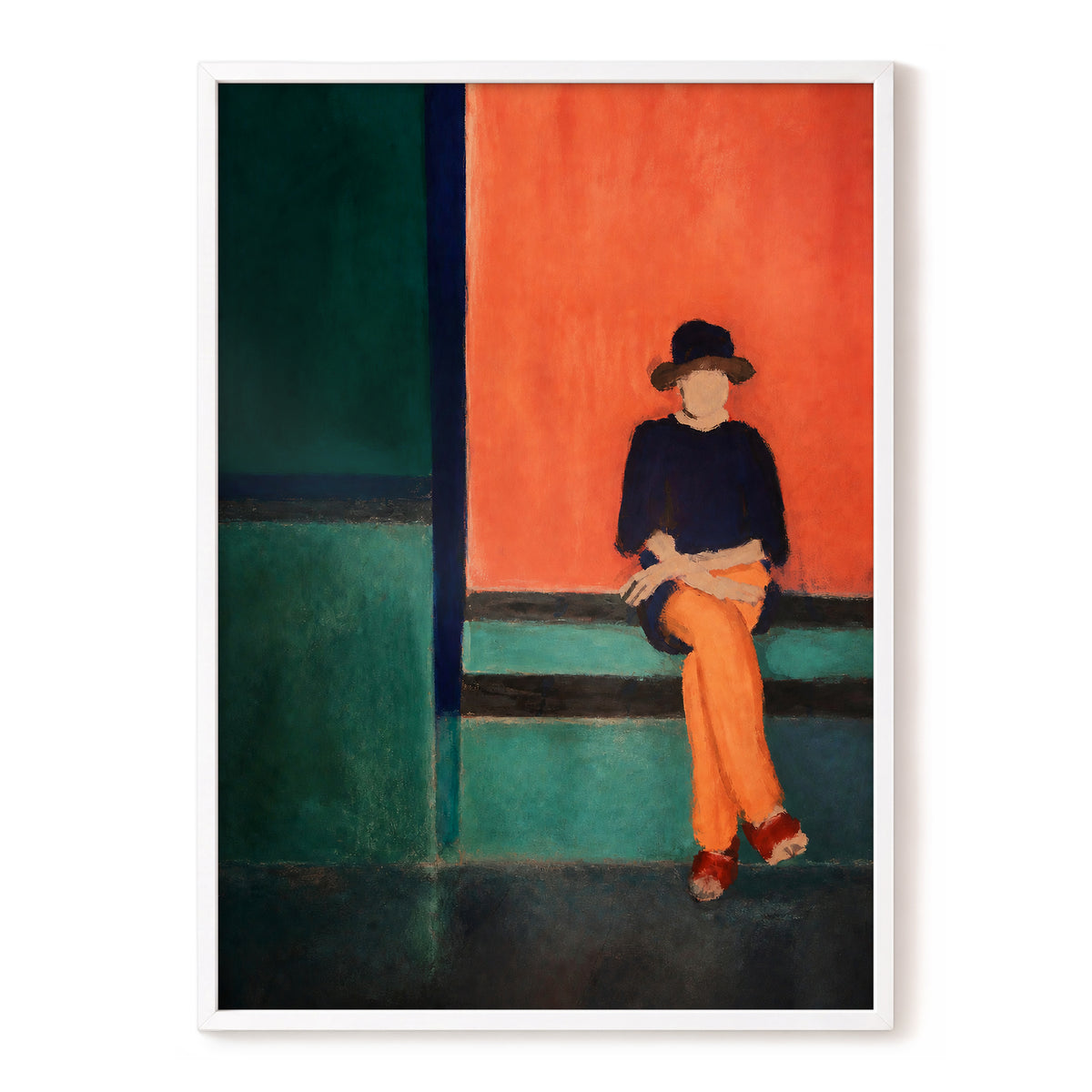 The Orange Hour, orange, green, blue abstract wall art, front artwork view