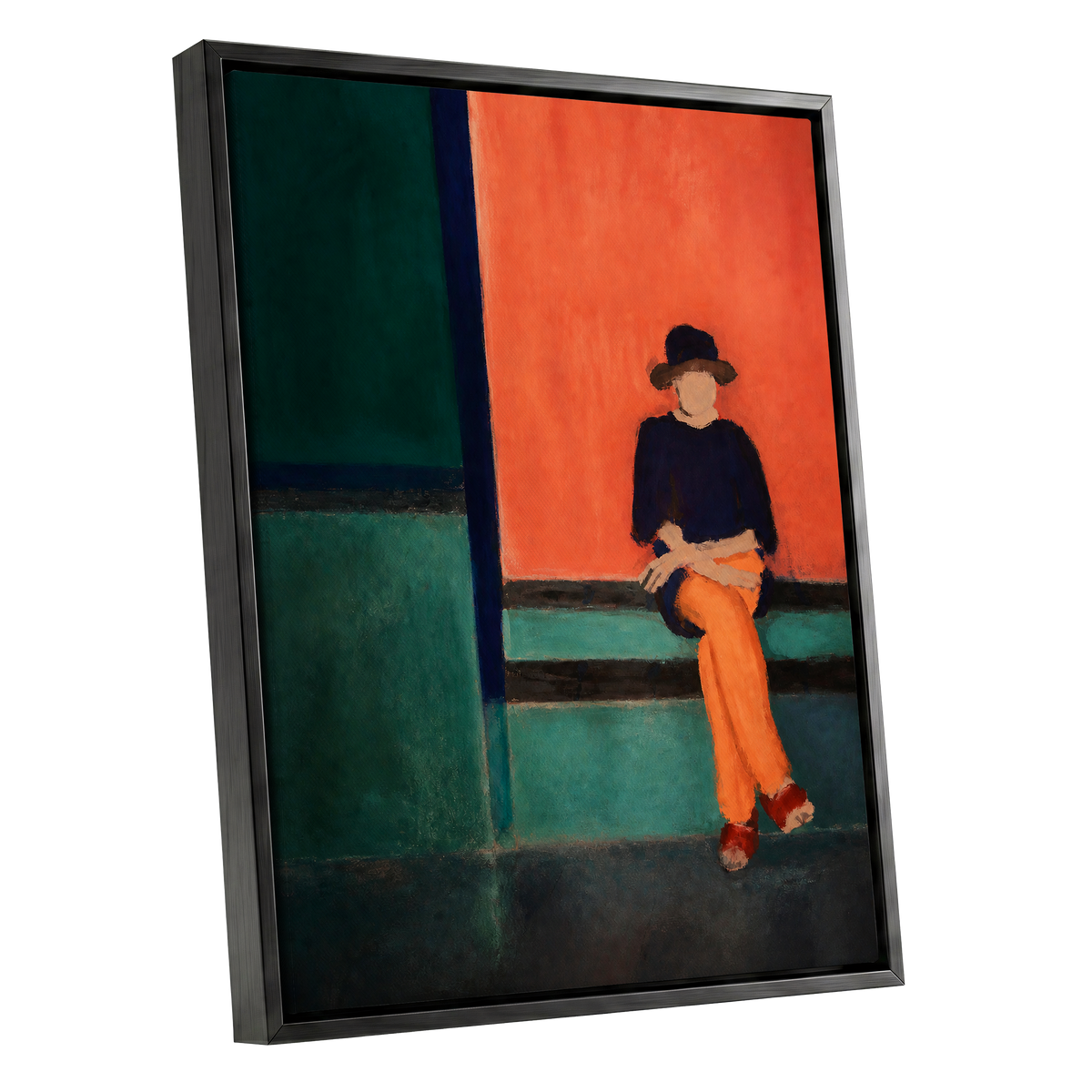 The Orange Hour, orange, green, blue abstract wall art shown as a black framed canvas wall art