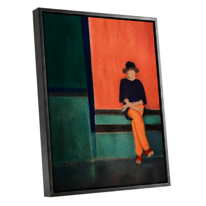 The Orange Hour, orange, green, blue abstract wall art shown as a black framed canvas wall art