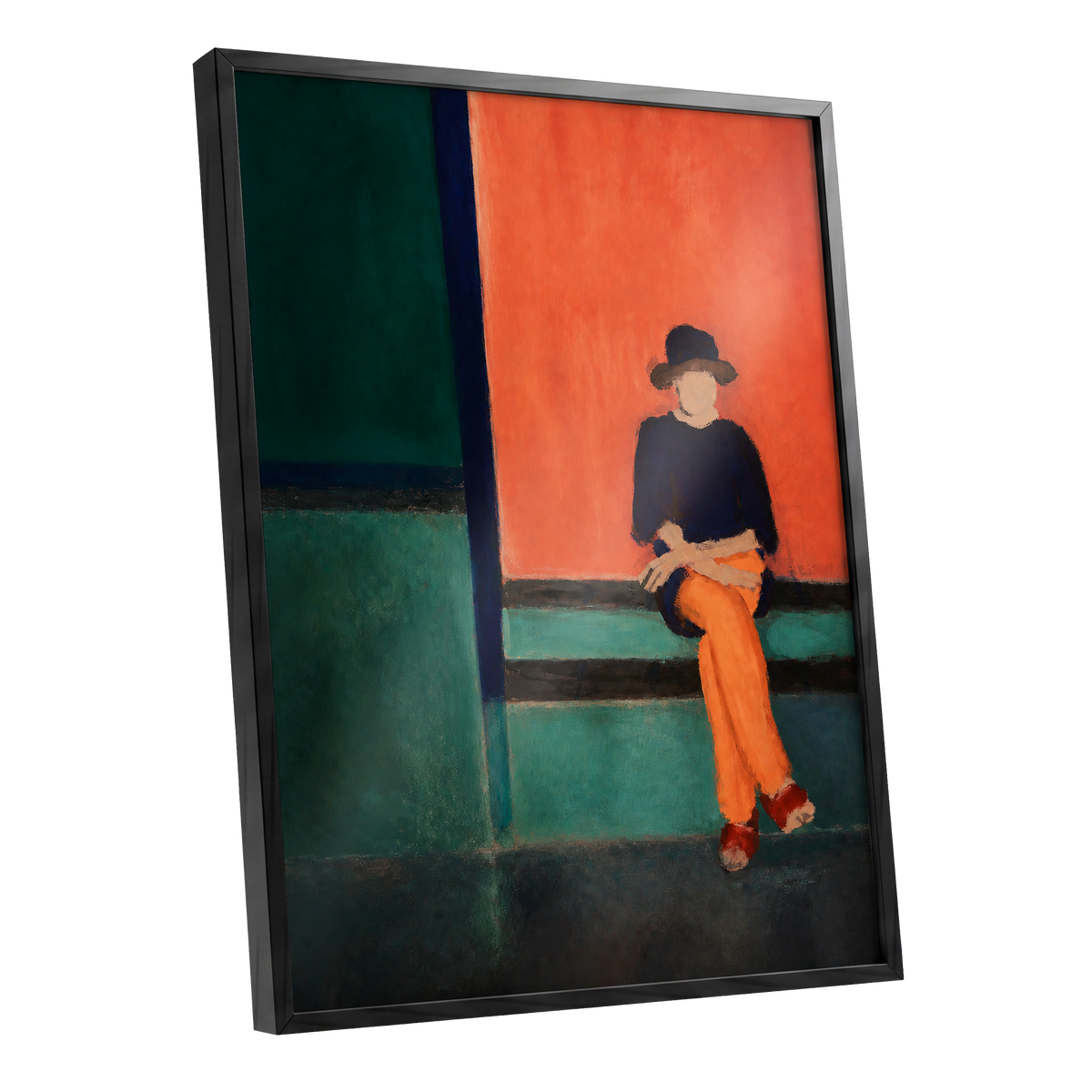 The Orange Hour, orange, green, blue abstract wall art shown as a black framed poster wall art print