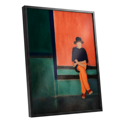 The Orange Hour, orange, green, blue abstract wall art shown as a black framed poster wall art print