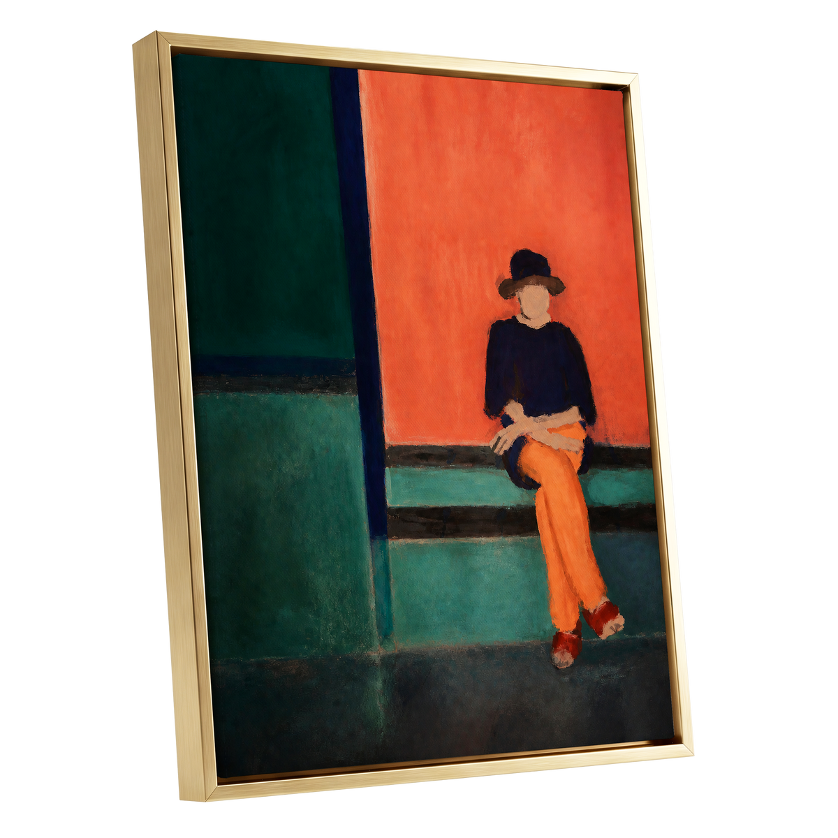 The Orange Hour, orange, green, blue abstract wall art shown as a gold framed canvas wall art