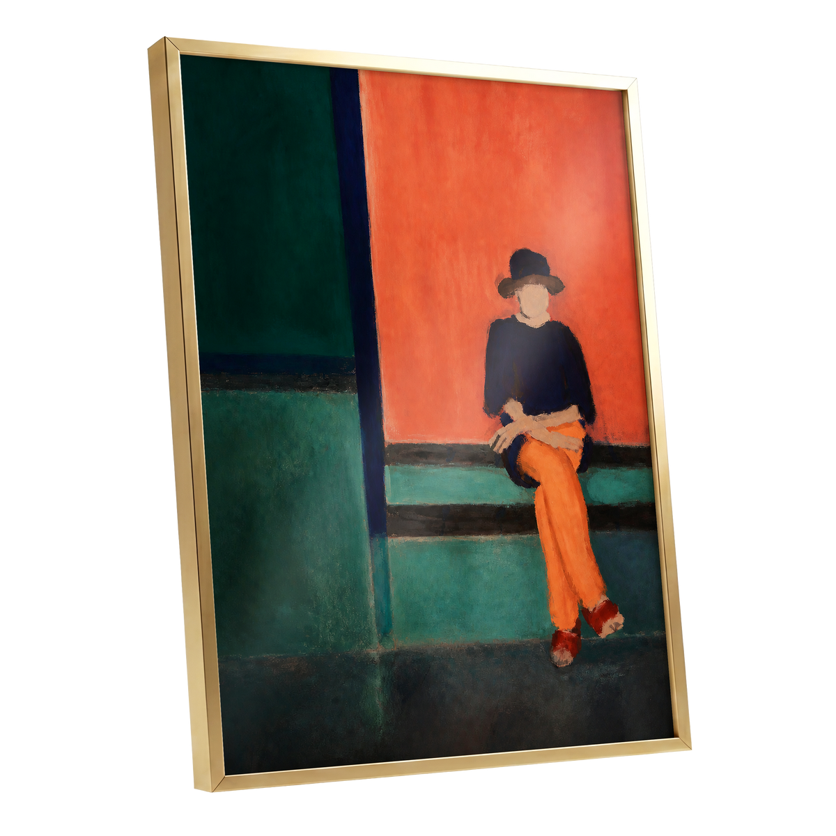The Orange Hour, orange, green, blue abstract wall art shown as a gold framed poster wall art print