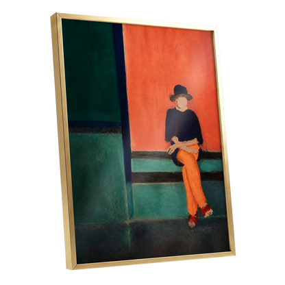 The Orange Hour, orange, green, blue abstract wall art shown as a gold framed poster wall art print