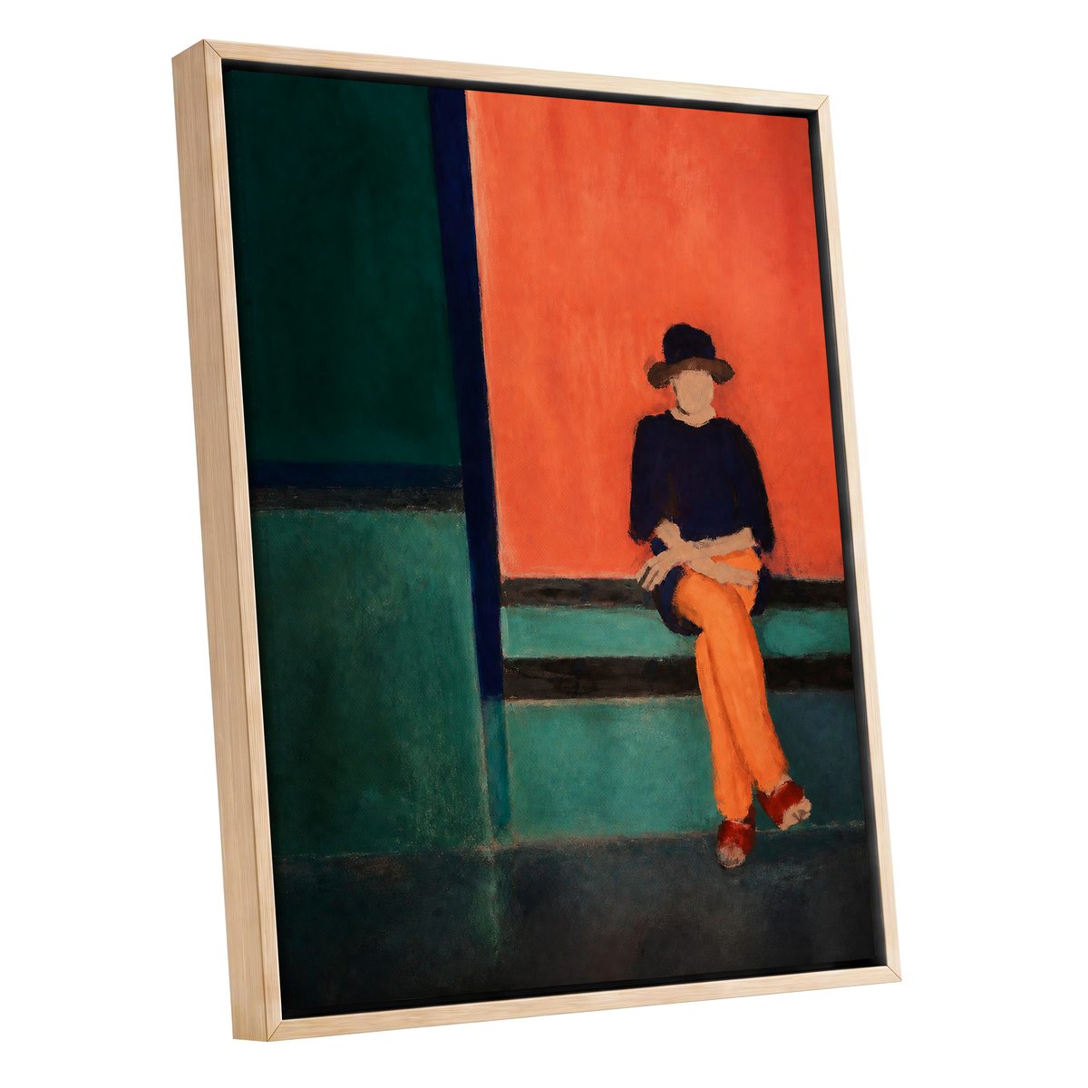 The Orange Hour, orange, green, blue abstract wall art shown as a oak framed canvas wall art