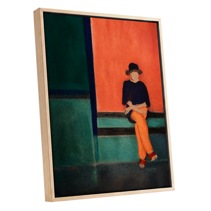 The Orange Hour, orange, green, blue abstract wall art shown as a oak framed canvas wall art