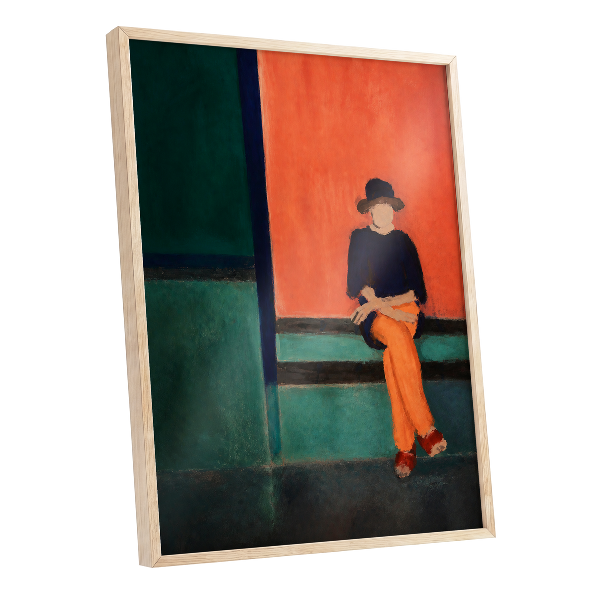 The Orange Hour, orange, green, blue abstract wall art shown as a oak framed poster wall art print