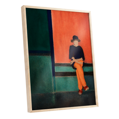 The Orange Hour, orange, green, blue abstract wall art shown as a oak framed poster wall art print