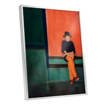 The Orange Hour, orange, green, blue abstract wall art shown as a silver framed poster wall art print
