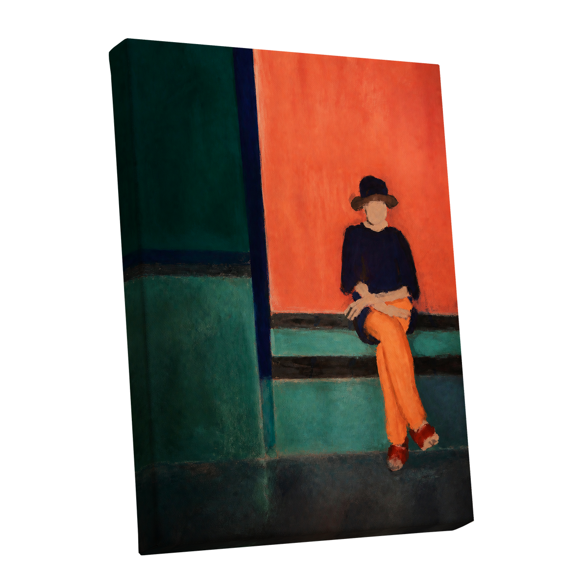 The Orange Hour, orange, green, blue abstract wall art shown as a stretched canvas wall art