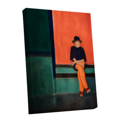 The Orange Hour, orange, green, blue abstract wall art shown as a stretched canvas wall art
