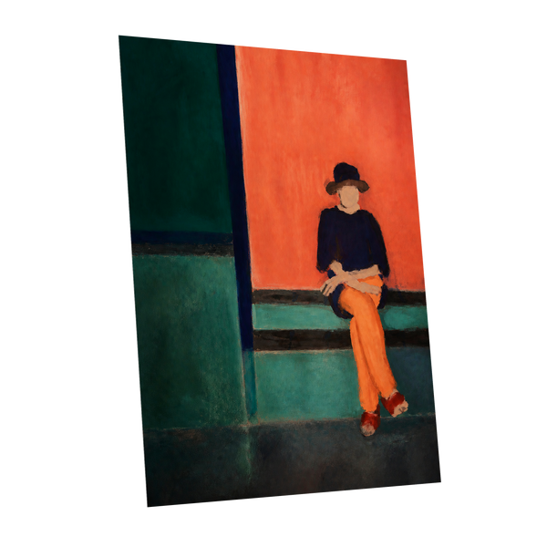 The Orange Hour, orange, green, blue abstract wall art shown as a unframed poster wall art print