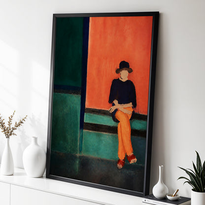 The Orange Hour, orange, green, blue abstract wall art displayed in a styled interior, gallery view 2