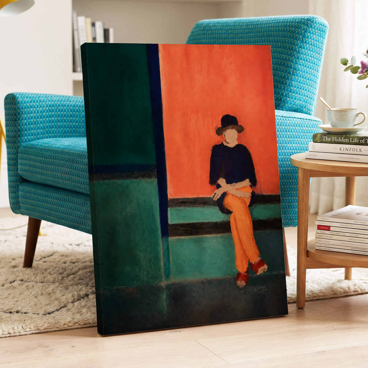 The Orange Hour, orange, green, blue abstract wall art displayed in a styled interior, gallery view 3