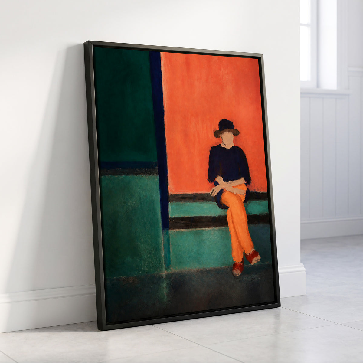 The Orange Hour, orange, green, blue abstract wall art displayed in a styled interior, gallery view 4