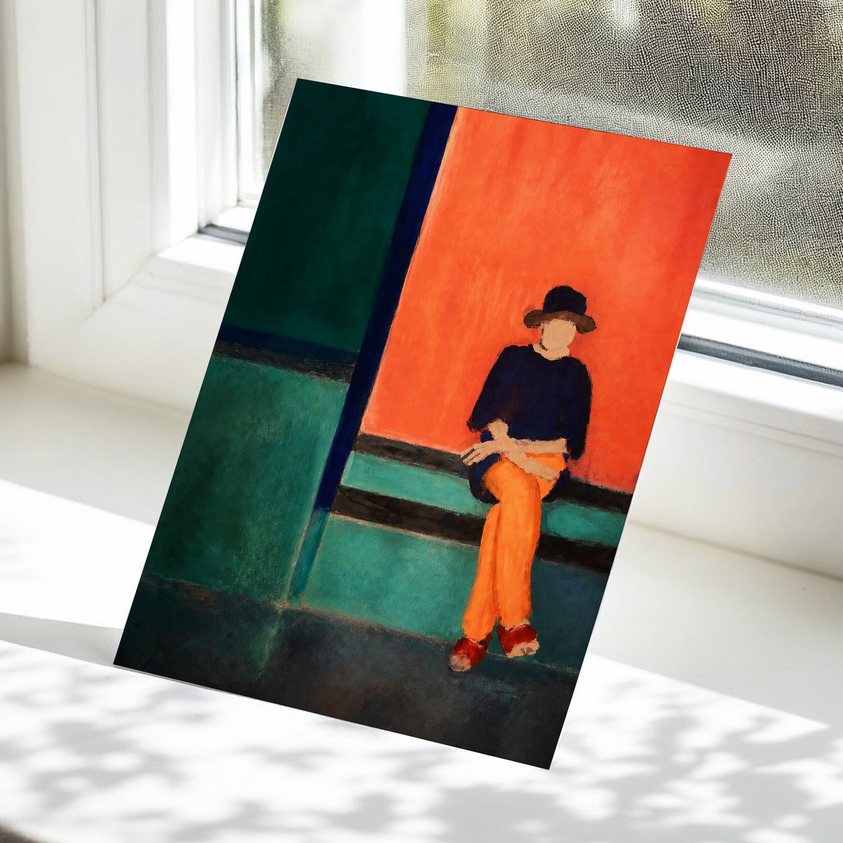 The Orange Hour, orange, green, blue abstract wall art displayed in a styled interior, gallery view 5