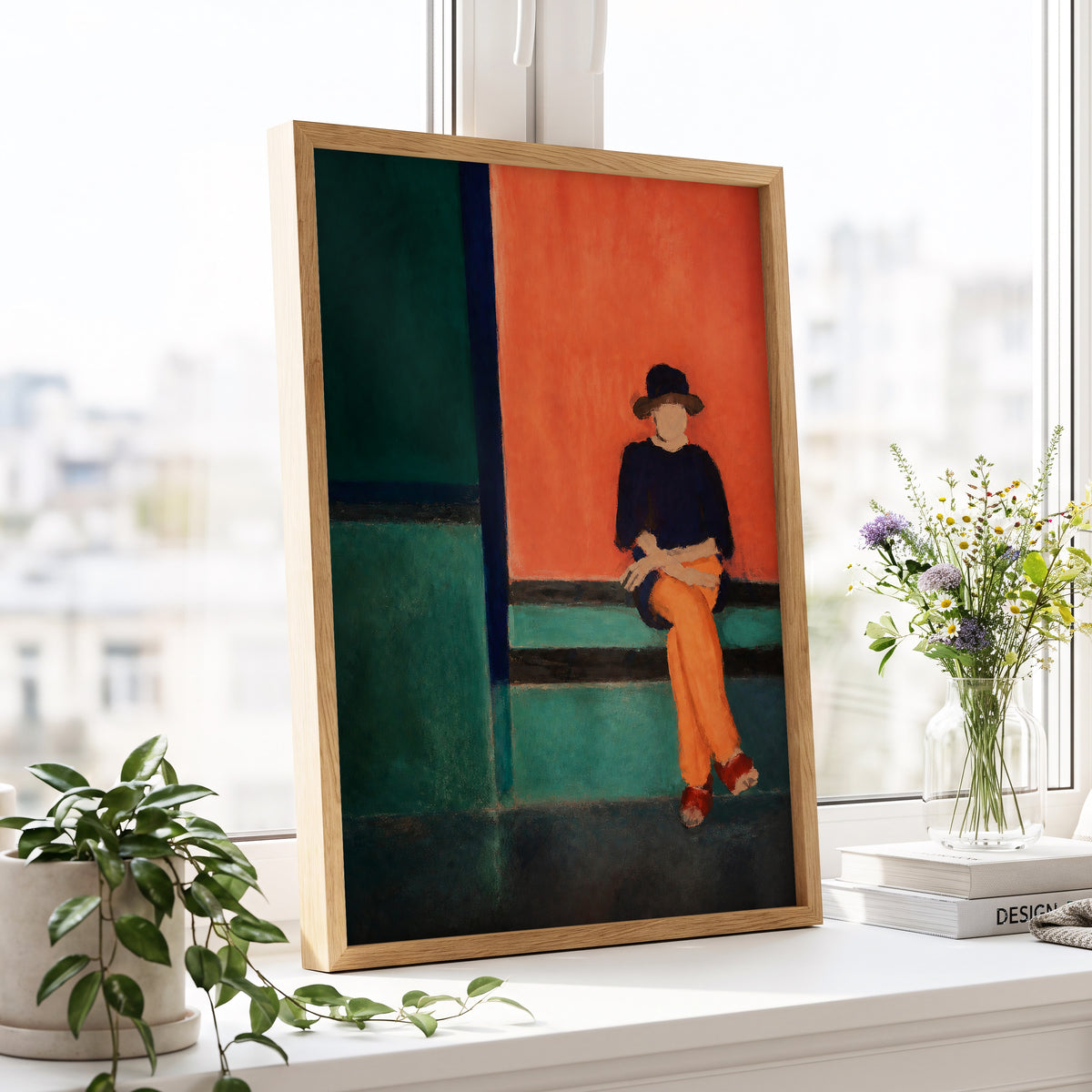 The Orange Hour, orange, green, blue abstract wall art displayed in a styled interior, gallery view 6