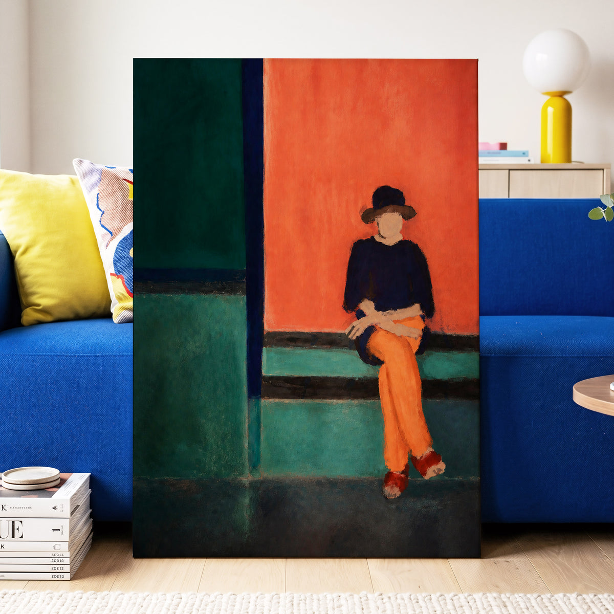 The Orange Hour, orange, green, blue abstract wall art displayed in a styled interior, gallery view 7