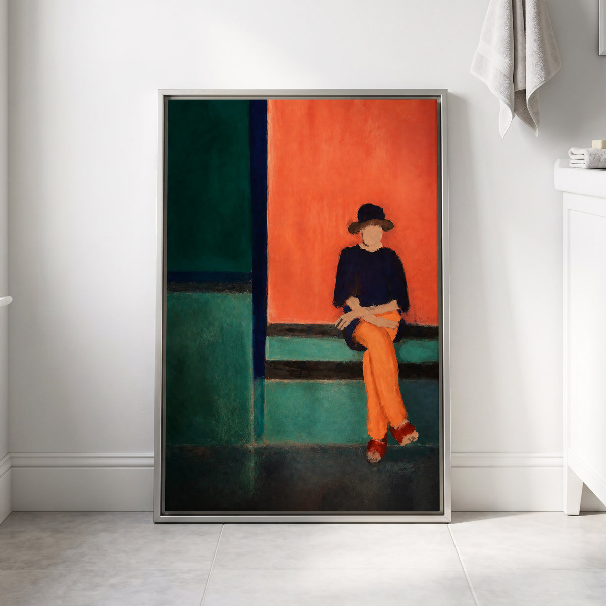 The Orange Hour, orange, green, blue abstract wall art displayed in a styled interior, gallery view 8