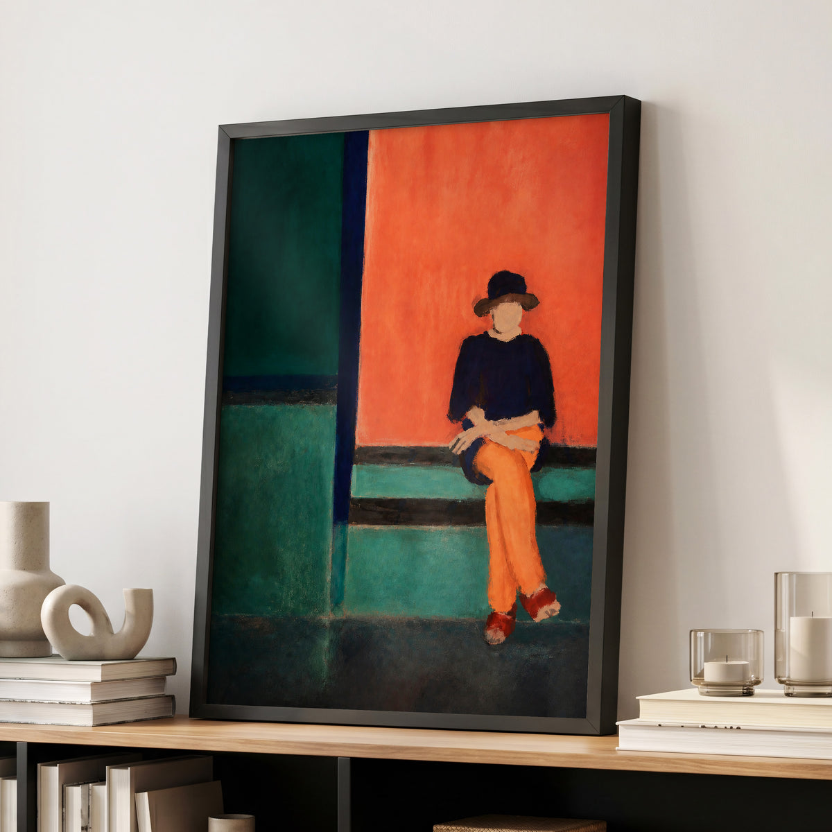 The Orange Hour, orange, green, blue abstract wall art displayed in a styled interior, gallery view 9