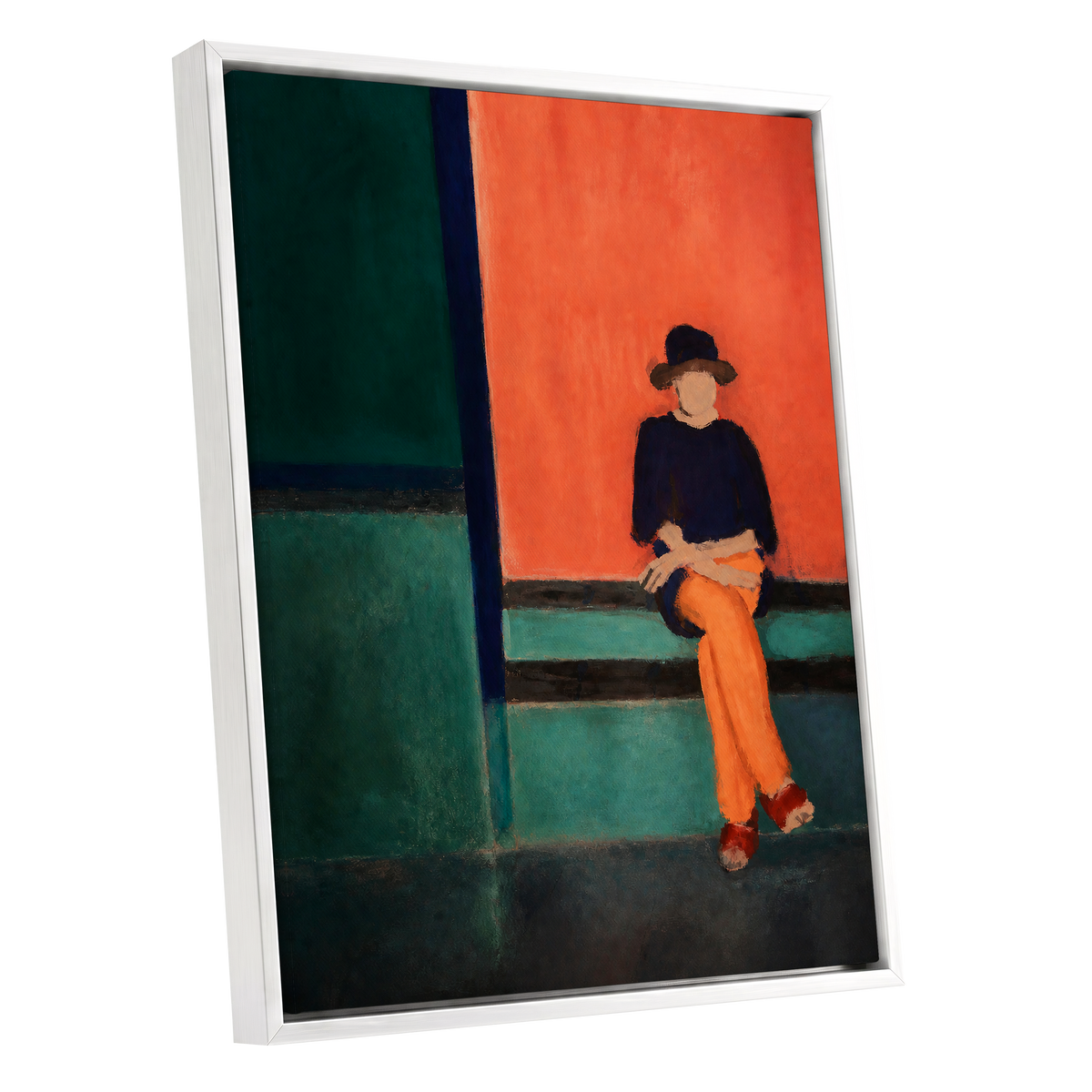 The Orange Hour, orange, green, blue abstract wall art shown as a white framed canvas wall art