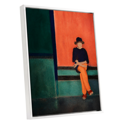 The Orange Hour, orange, green, blue abstract wall art shown as a white framed canvas wall art