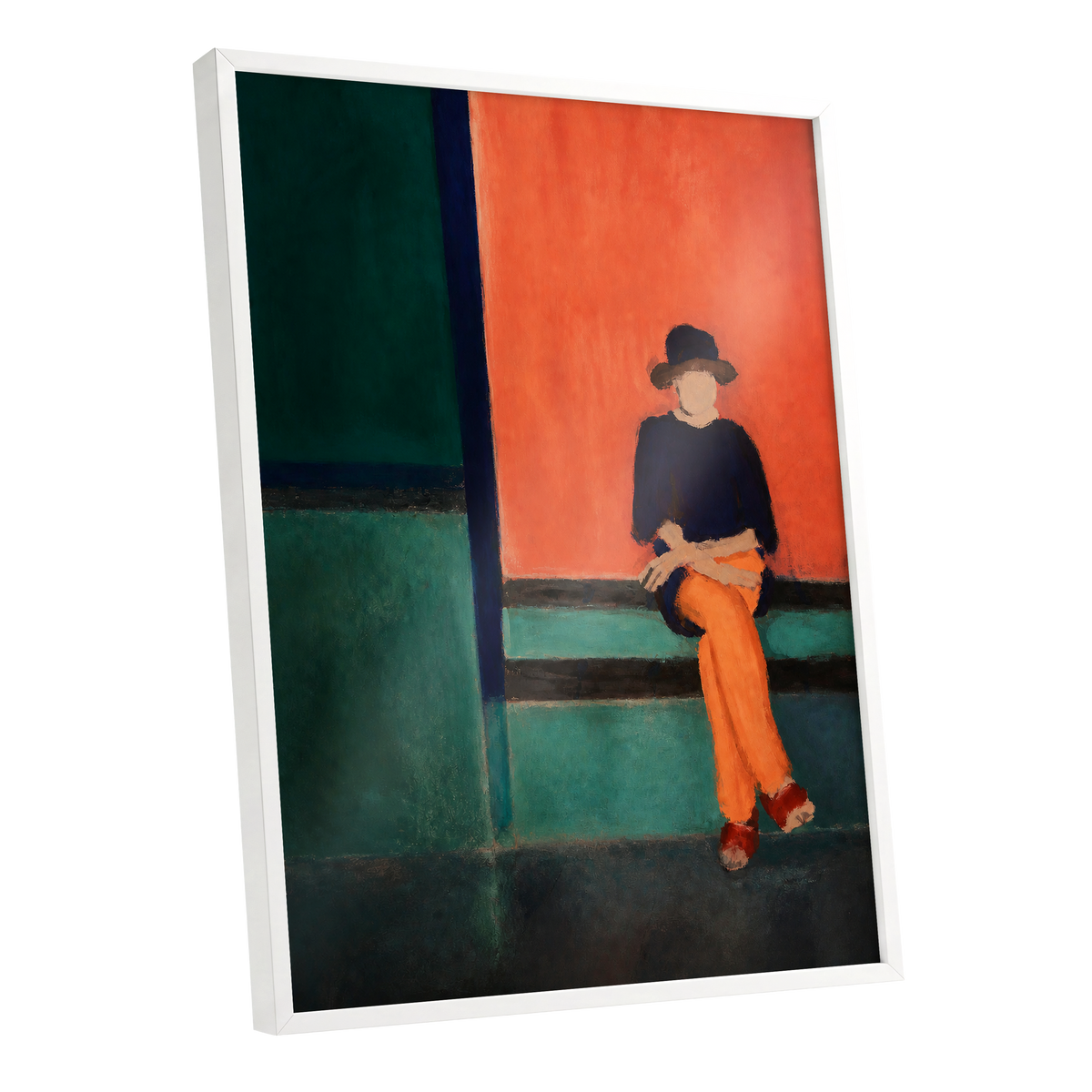 The Orange Hour, orange, green, blue abstract wall art shown as a white framed poster wall art print