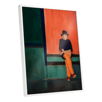 The Orange Hour, orange, green, blue abstract wall art shown as a white framed poster wall art print