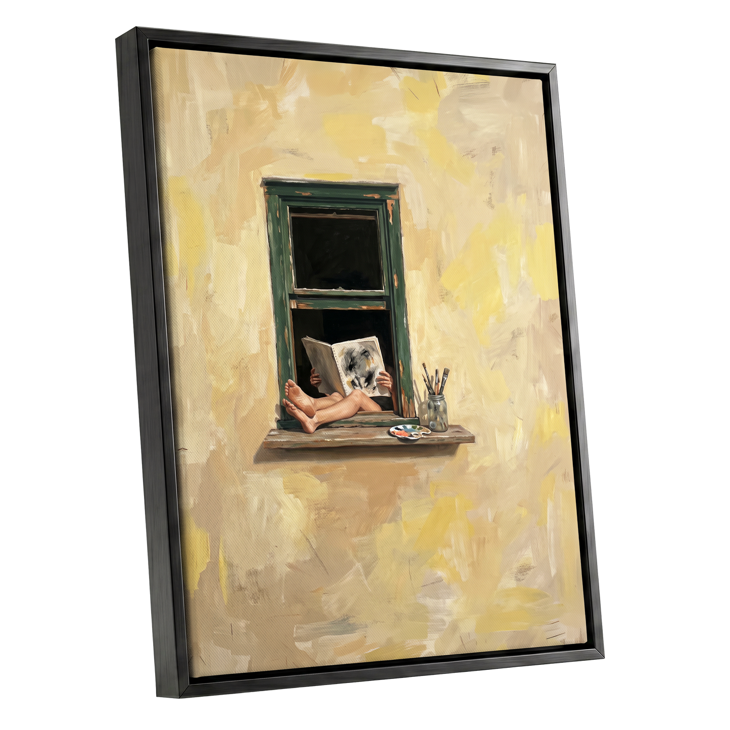 The Painter's Window, beige, yellow, green minimalist wall art shown as a black framed canvas wall art
