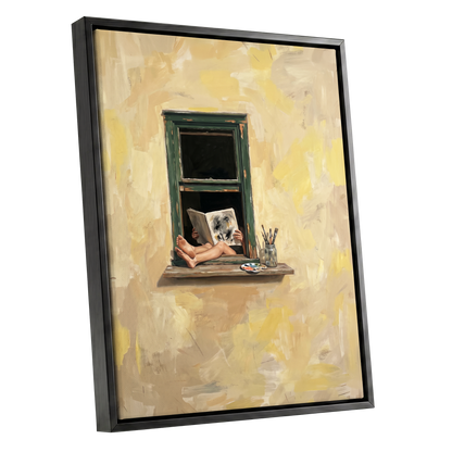 The Painter's Window, beige, yellow, green minimalist wall art shown as a black framed canvas wall art
