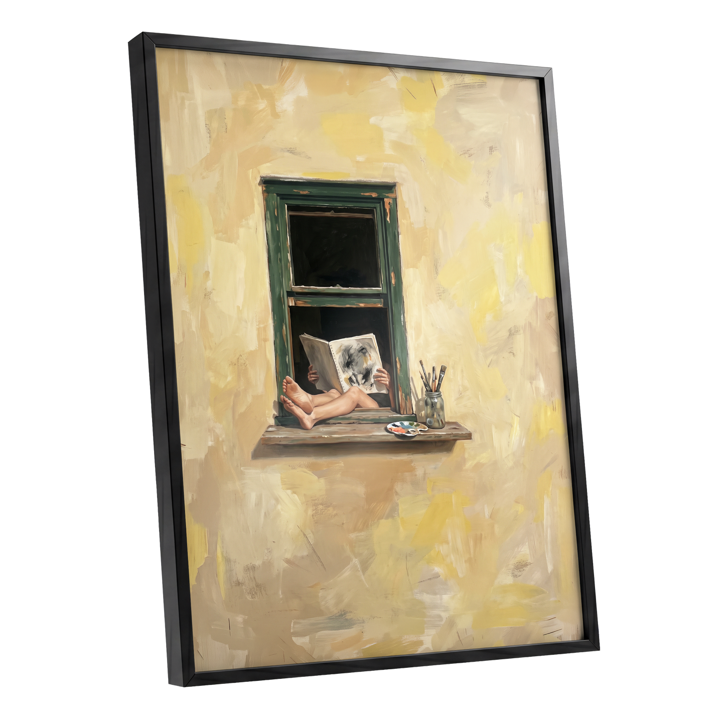 The Painter's Window, beige, yellow, green minimalist wall art shown as a black framed poster wall art print