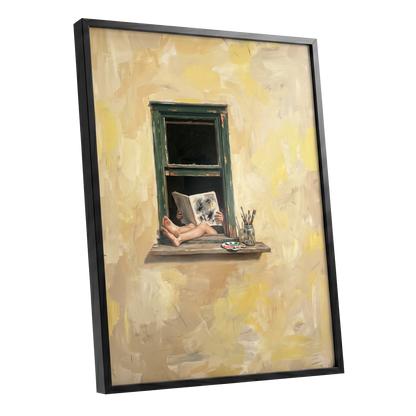 The Painter's Window, beige, yellow, green minimalist wall art shown as a black framed poster wall art print