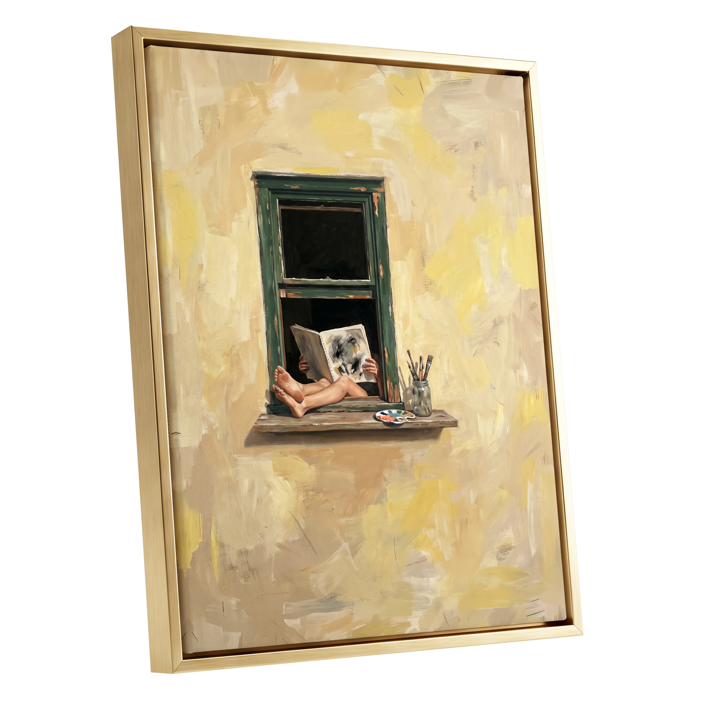 The Painter's Window, beige, yellow, green minimalist wall art shown as a gold framed canvas wall art