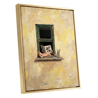 The Painter's Window, beige, yellow, green minimalist wall art shown as a gold framed canvas wall art