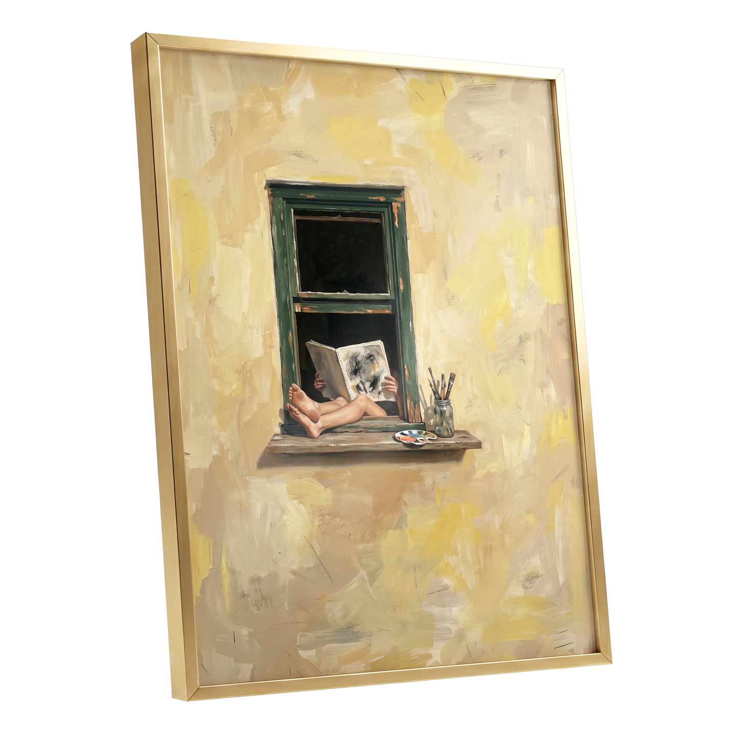 The Painter's Window, beige, yellow, green minimalist wall art shown as a gold framed poster wall art print