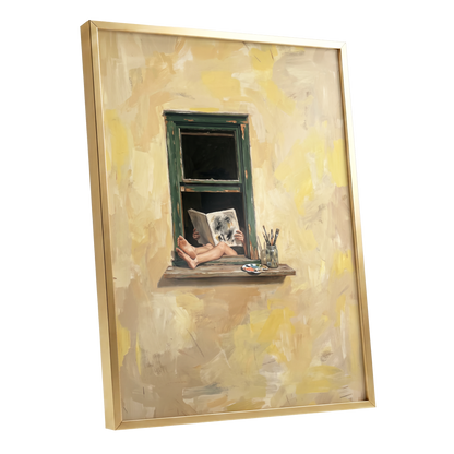 The Painter's Window, beige, yellow, green minimalist wall art shown as a gold framed poster wall art print