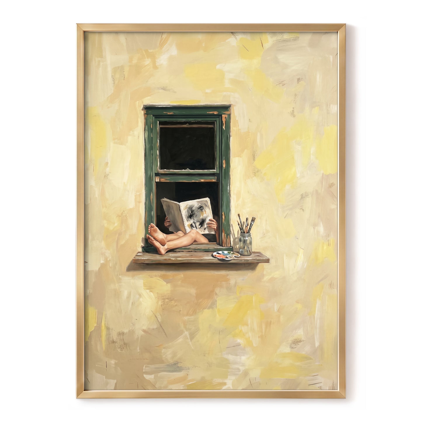 The Painter's Window, beige, yellow, green minimalist wall art, front artwork view