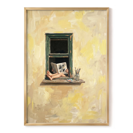 The Painter's Window, beige, yellow, green minimalist wall art, front artwork view