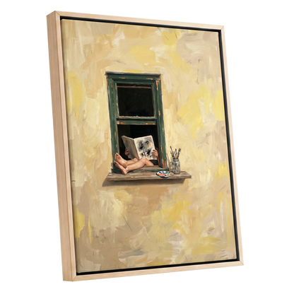 The Painter's Window, beige, yellow, green minimalist wall art shown as a oak framed canvas wall art