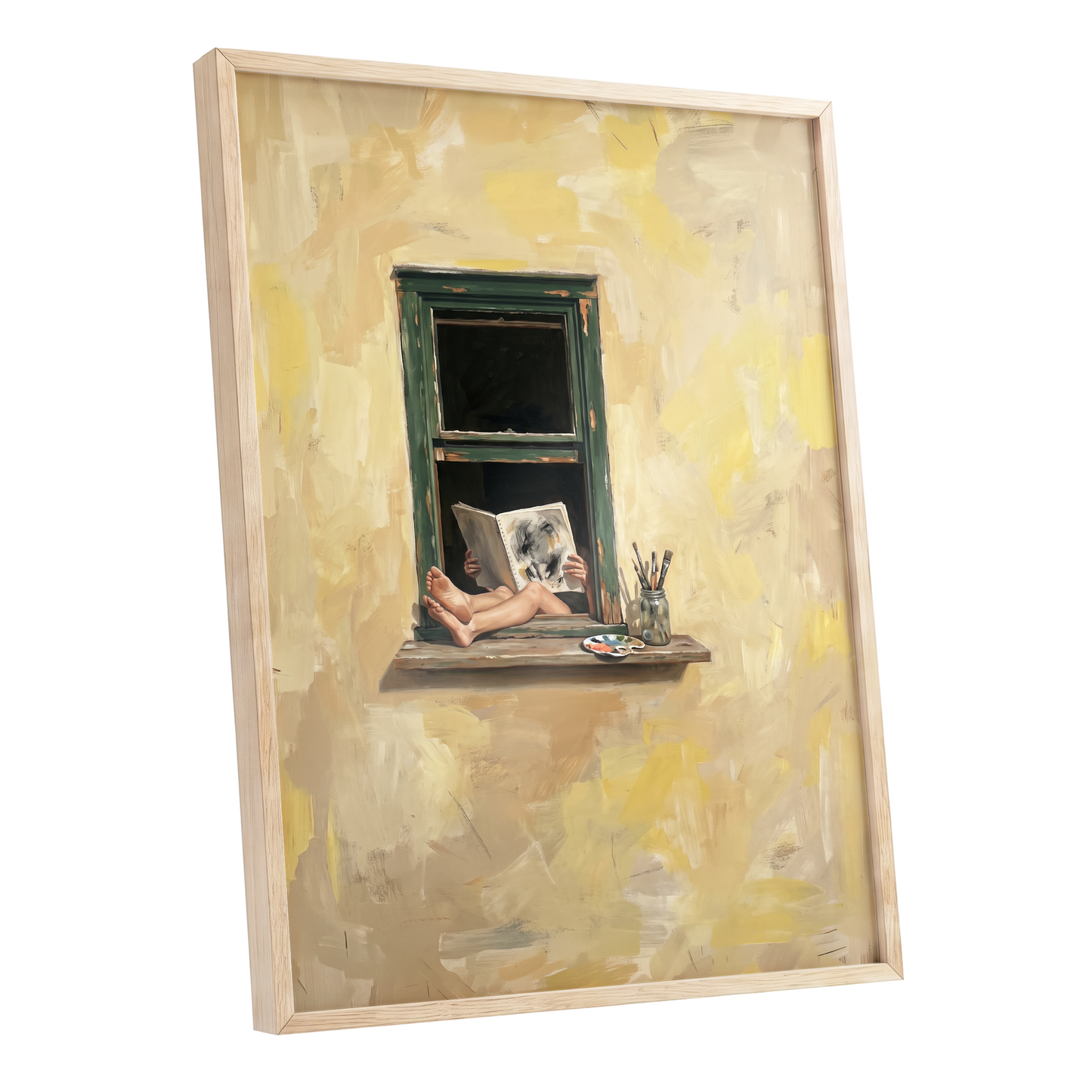 The Painter's Window, beige, yellow, green minimalist wall art shown as a oak framed poster wall art print