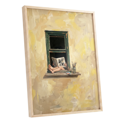 The Painter's Window, beige, yellow, green minimalist wall art shown as a oak framed poster wall art print