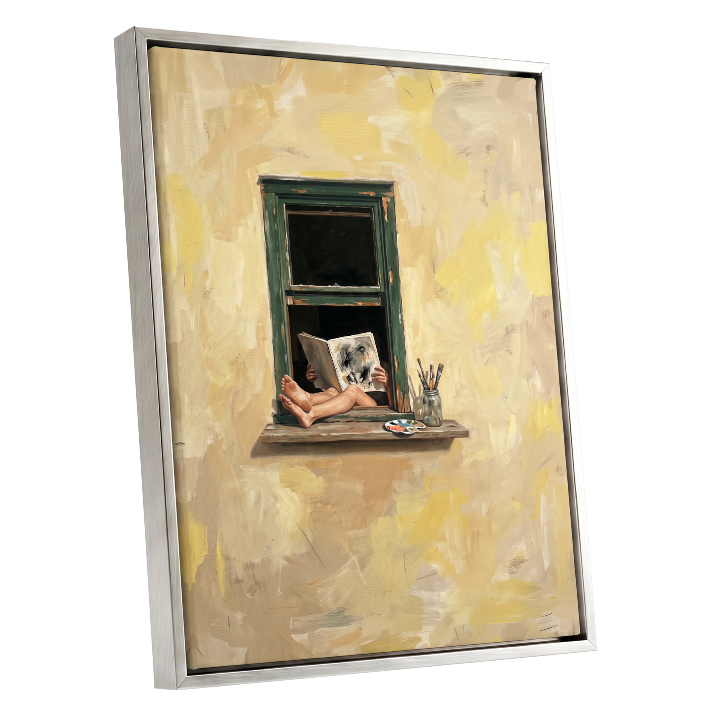 The Painter's Window, beige, yellow, green minimalist wall art shown as a silver framed canvas wall art