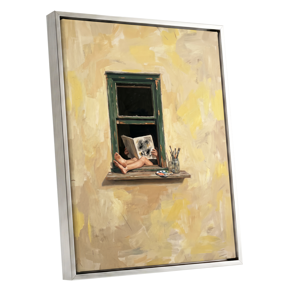 The Painter's Window, beige, yellow, green minimalist wall art shown as a silver framed canvas wall art