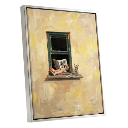 The Painter's Window, beige, yellow, green minimalist wall art shown as a silver framed canvas wall art