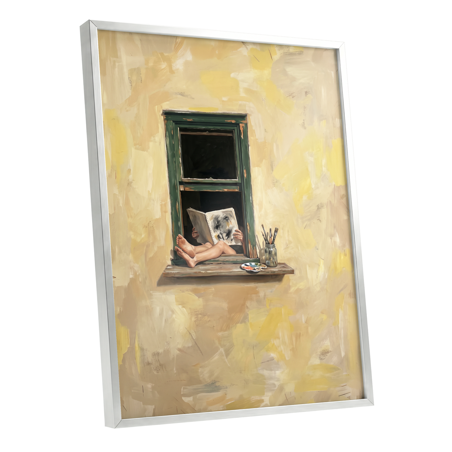 The Painter's Window, beige, yellow, green minimalist wall art shown as a silver framed poster wall art print